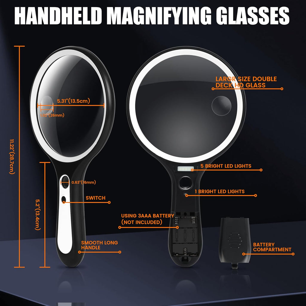Magnifying Glass with Light for Reading: 5.31” Large Handheld Magnifier Lighted Glasses with 6 LED for Page Book