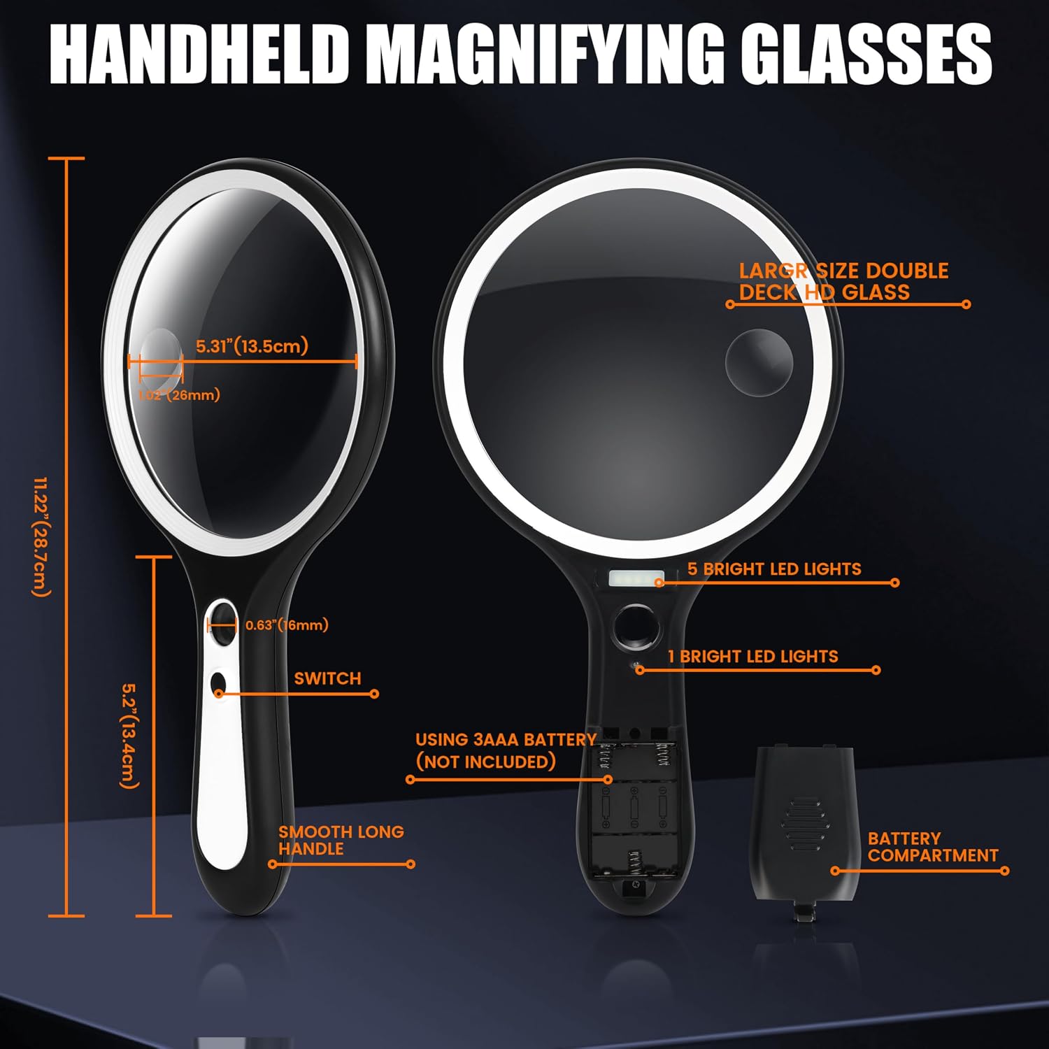 Magnifying Glass with Light for Reading: 5.31” Large Handheld Magnifier Lighted Glasses with 6 LED for Page Book