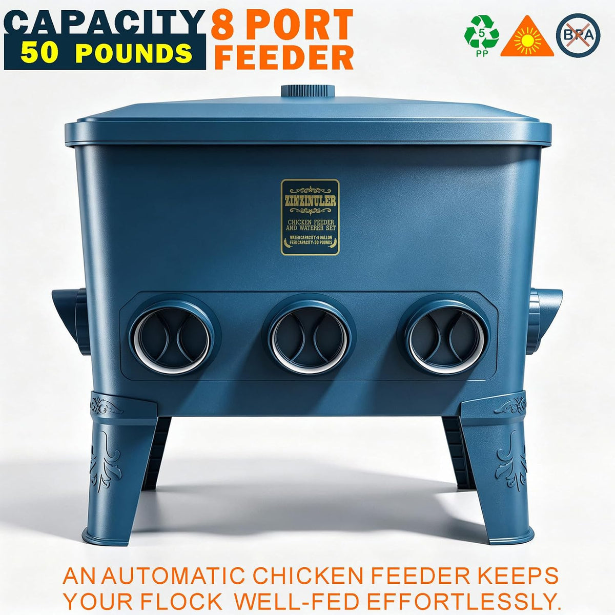 Large Automatic Port Chicken Feeder-Chicken Coop Accessories, No Waste Poultry Feeder, 50 Pounds