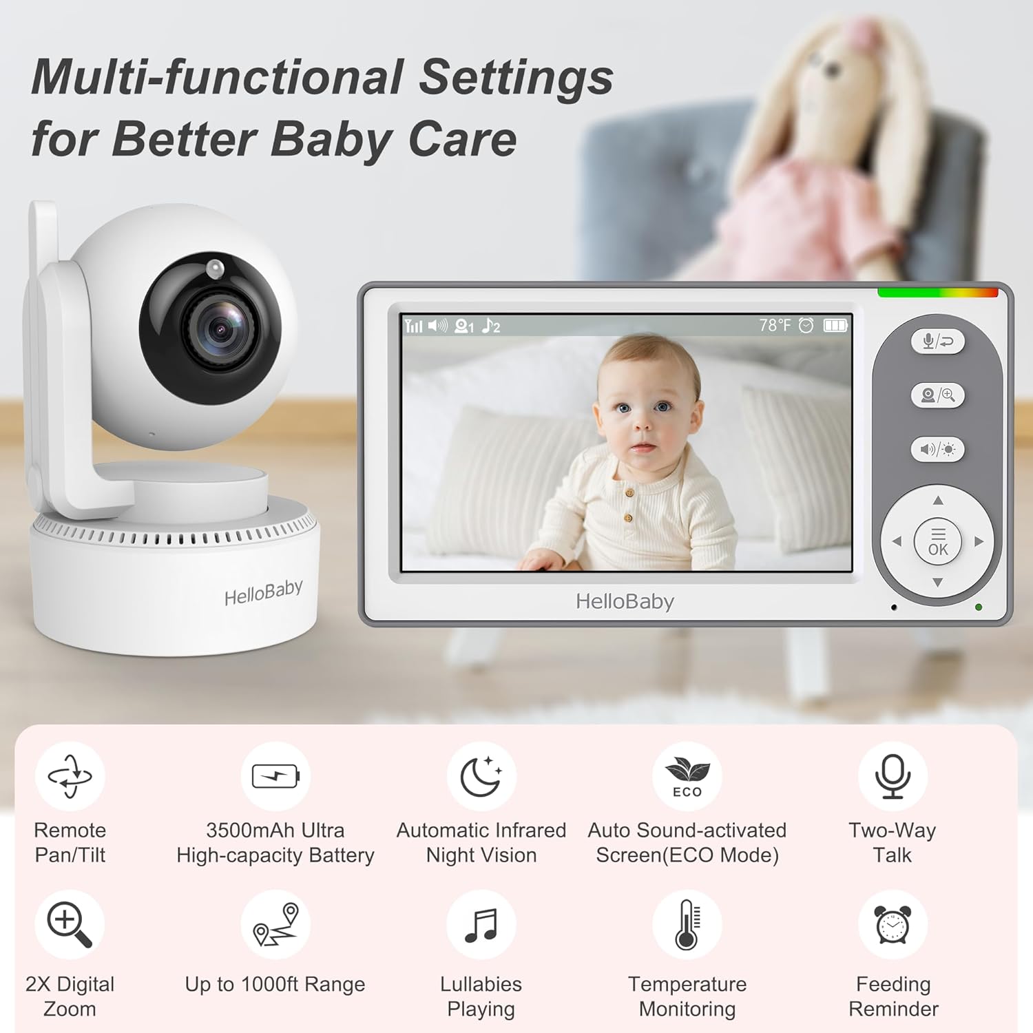 4.3'' Video Baby Monitor with 30 Hours Battery, Remote Pan-Tilt-Zoom Baby Monitor No WiFi, Baby Monitor with Camera