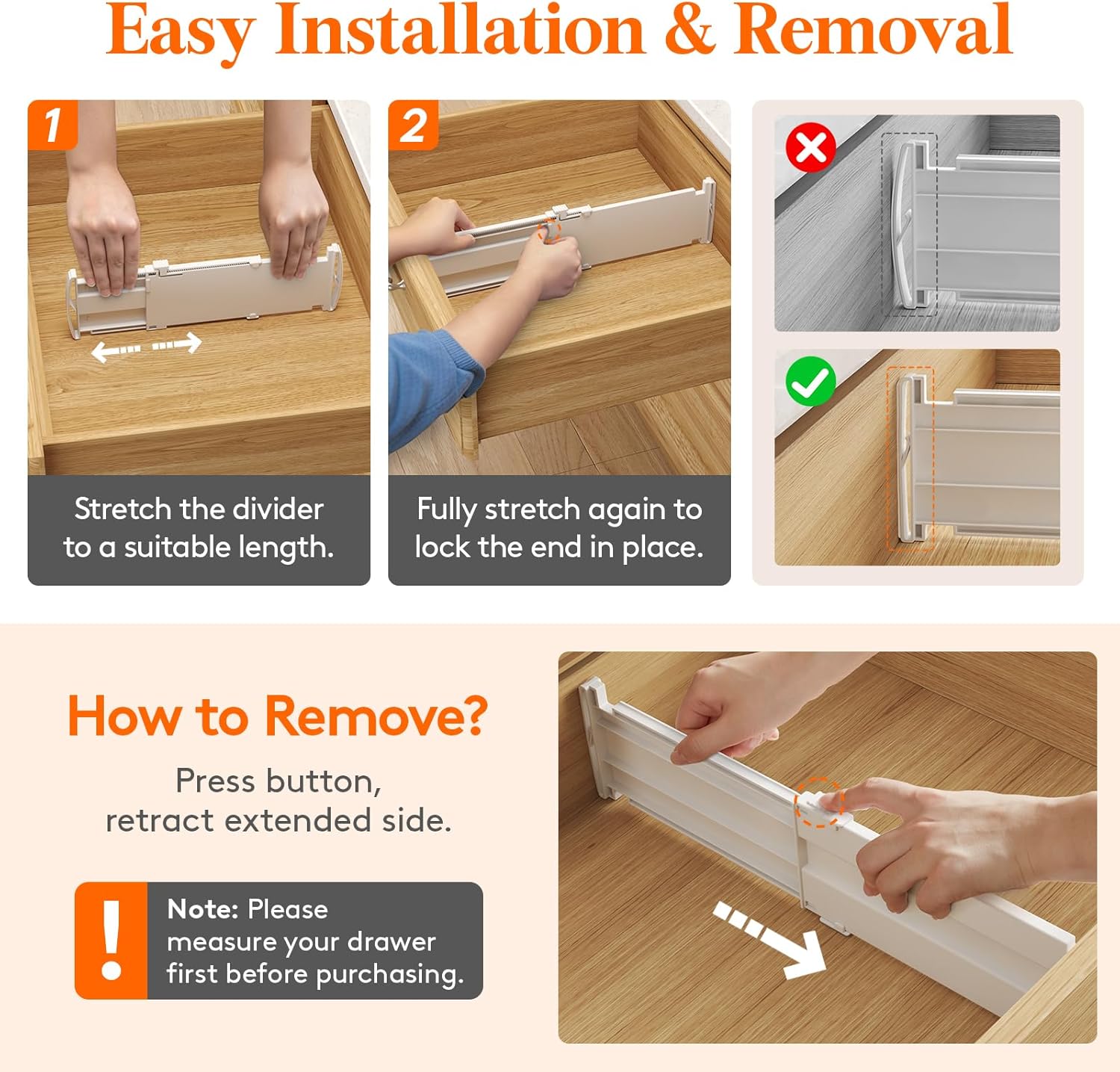 9 Pack Drawer Dividers for Clothes, 4" High 10.5"-16.5" Expandable Dresser Drawer Organizers, Adjustable White