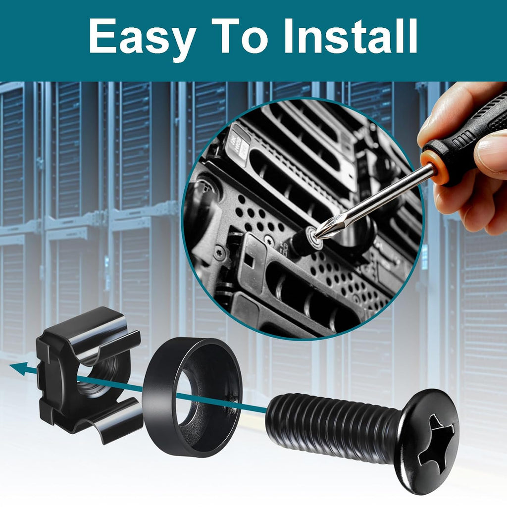 M6 Cage Nuts and Rack Screws Kit, 50-Pack, Rack Mount Cage Nuts