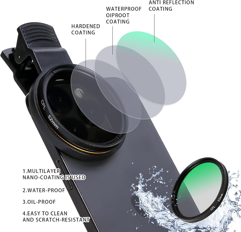 52MM Circular Polarizer Filter, Ultra Slim Multi-Coated CPL Lens Filter, Clip-on Phone Camera Filter Kit, Compatible