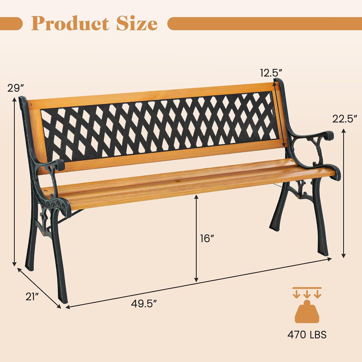 49.5" 3-Person Outdoor Bench with Lattice Pattern Backrest, 470 Lbs Capacity, Slatted Seat, Curved Armrests, Cast