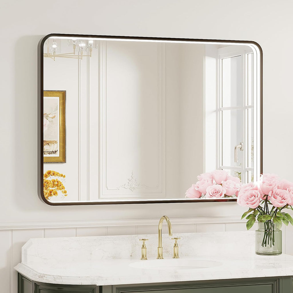 40x28 Inch LED Bathroom Mirror with Lights, Black Metal Framed LED Mirror for Bathroom, 3 Colors and Stepless