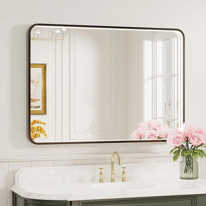 40x28 Inch LED Bathroom Mirror with Lights, Black Metal Framed LED Mirror for Bathroom, 3 Colors and Stepless