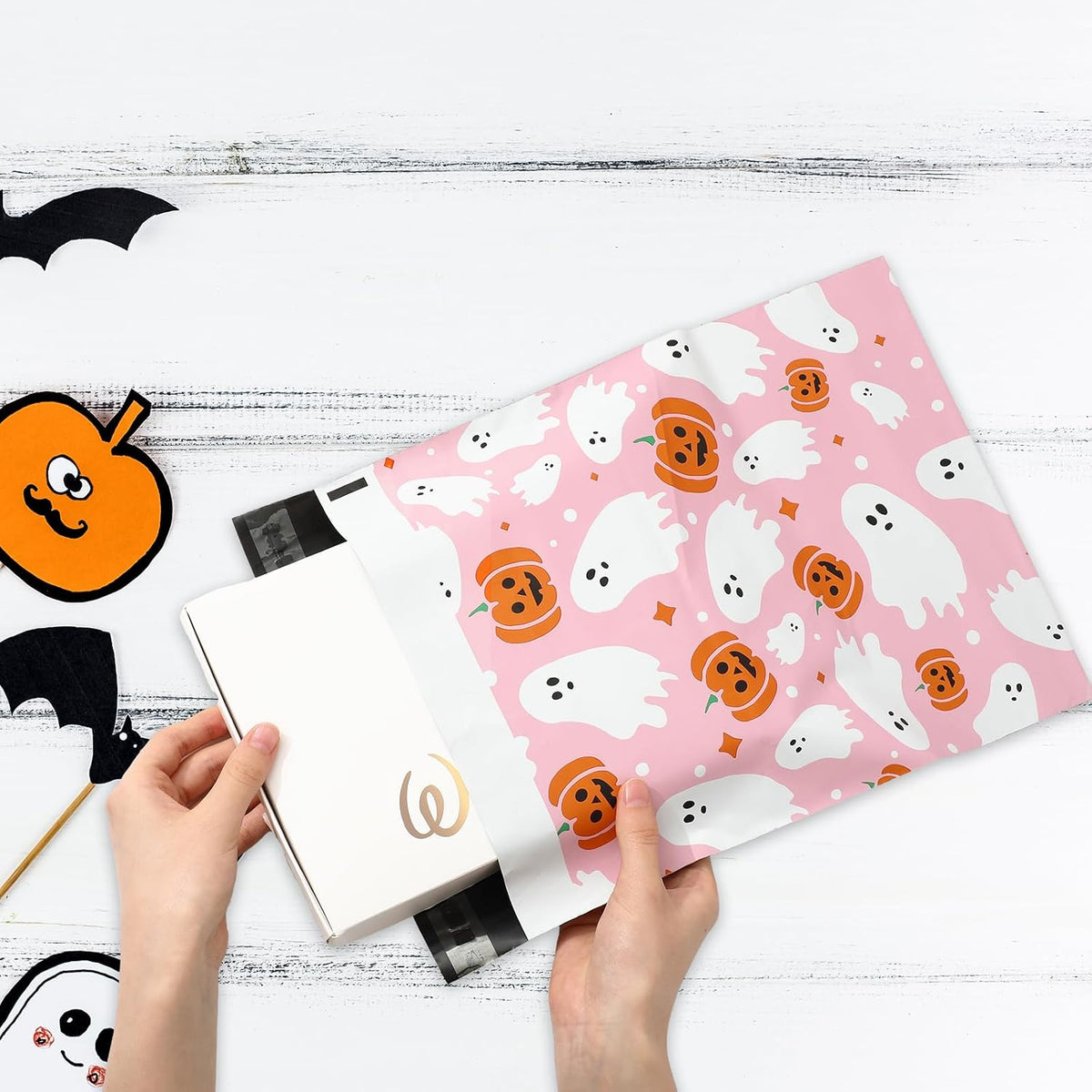 100Pcs Halloween Poly Mailers 14.5 x 19 Inch Pink Ghost Pumpkin Packaging Bags Large Self Seal Mailing Envelope Bags