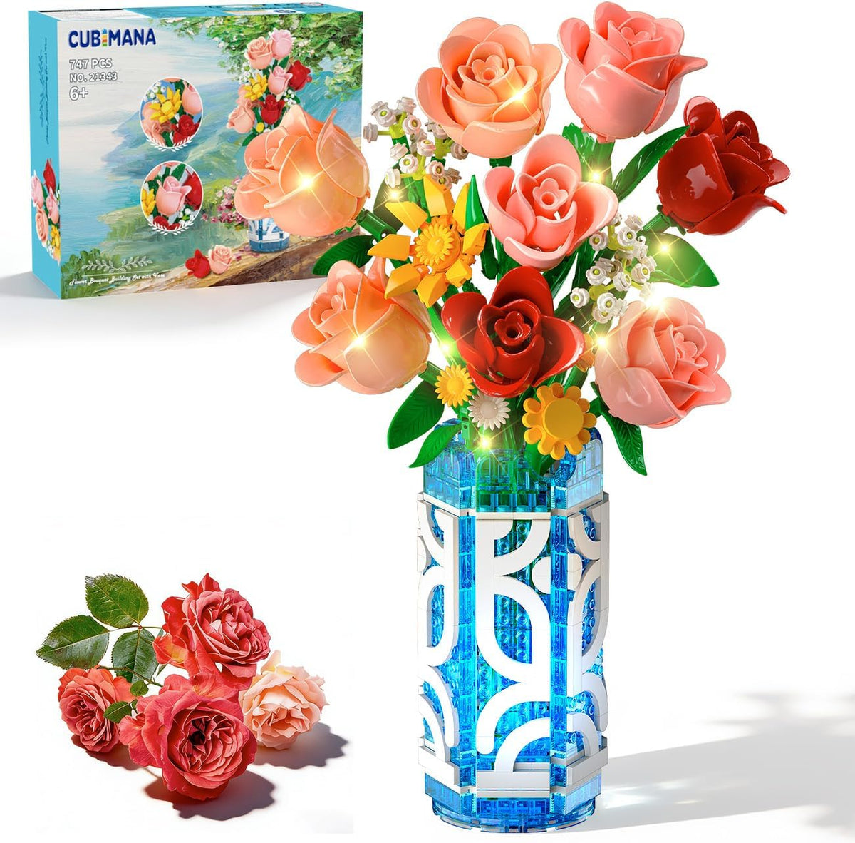 14 Flowers Bouquet Building Set with Vase & LED Light for Adults