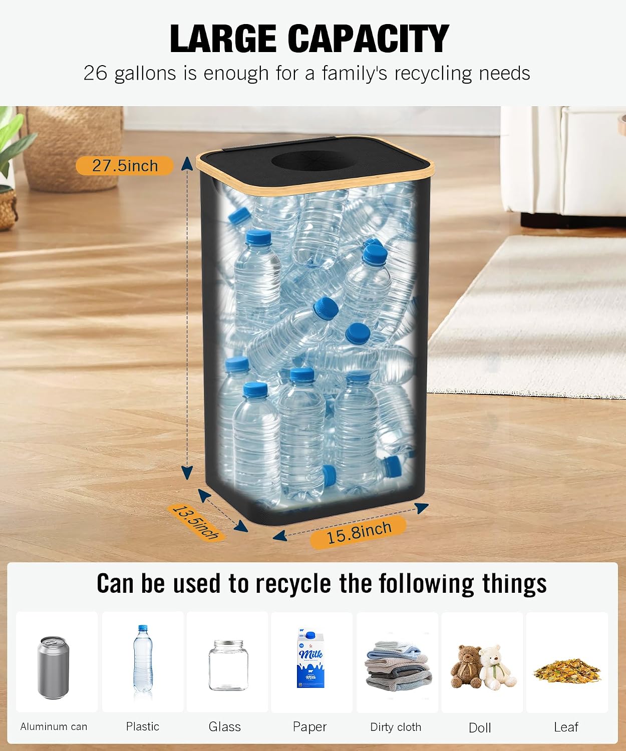 26 Gallon Recycling Bins for Kitchen with lid, Black | with 2 Pack Removeable and Reusable Inner Bag, Oxford Fabric