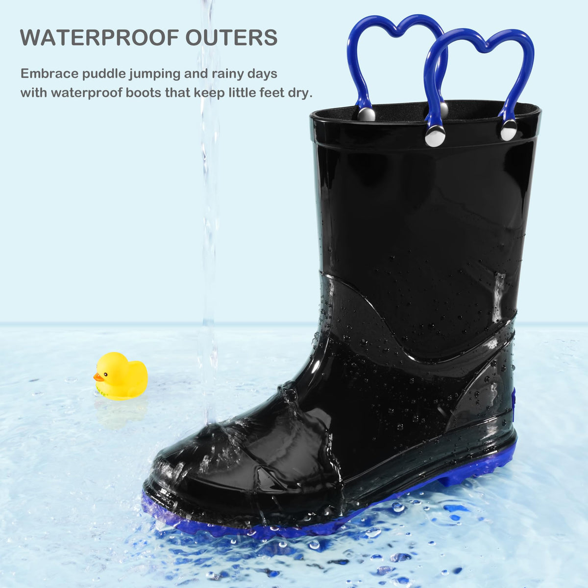 Girls Rain Boots with Easy-On Handles Kids Boys Boots(BK,10MT)