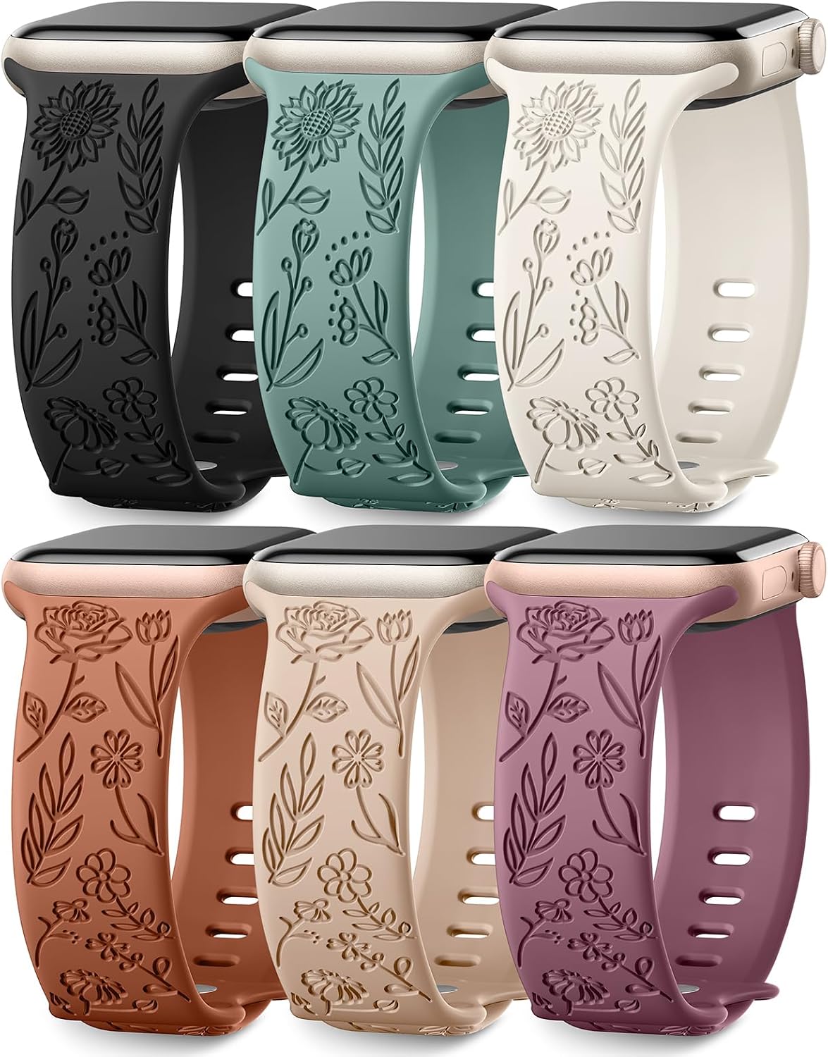 6 Pack Floral Engraved Bands Compatible with Apple Watch Bands 40mm 41mm 42mm 38mm 44mm 45mm 46mm 49mm Women Men