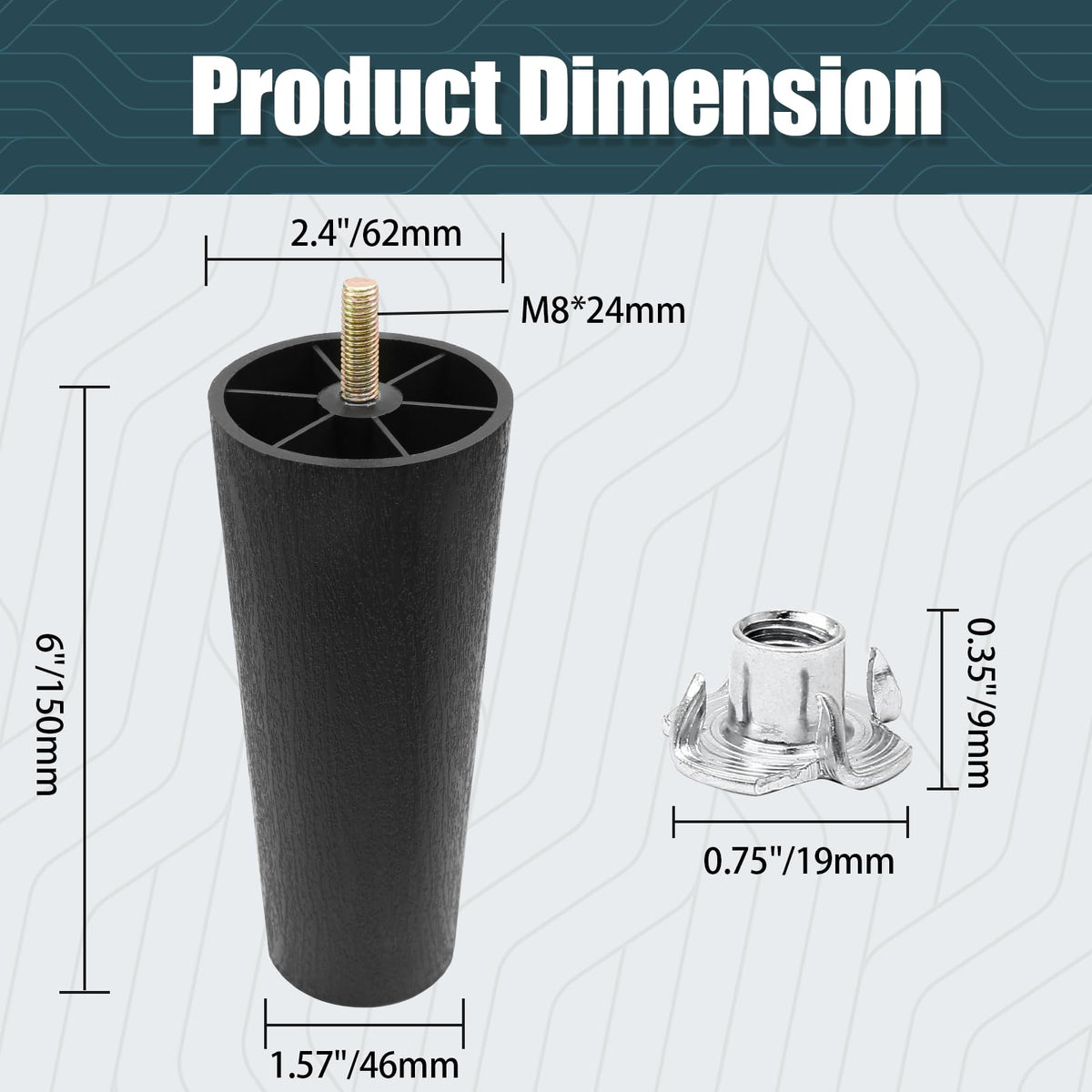 6 Inch Plastic Table Legs, Black Couch Leg, 4 Pcs