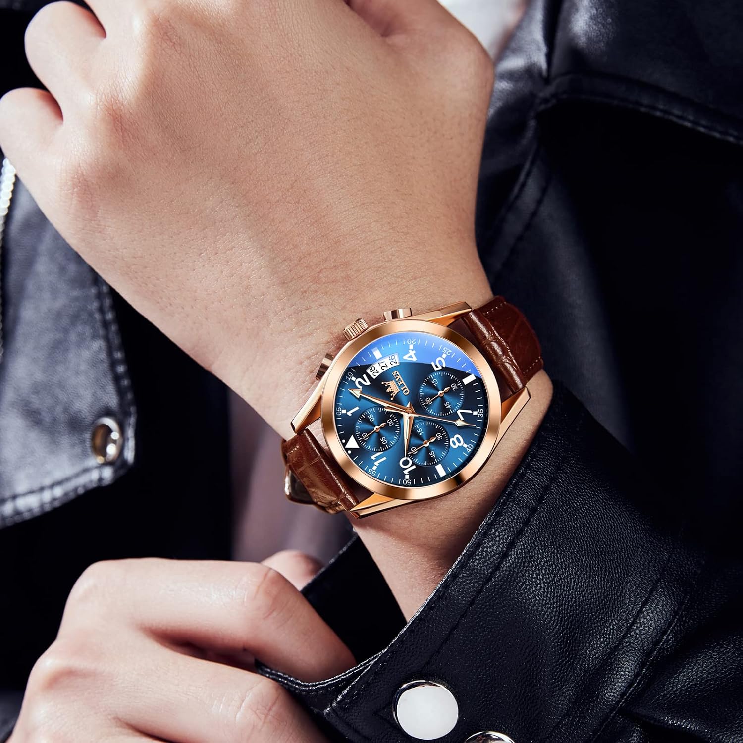 Watches for Men Case Waterproof Watches Leather Band Day Date Mens Watch Analog Quartz Chronograph Wristwatches