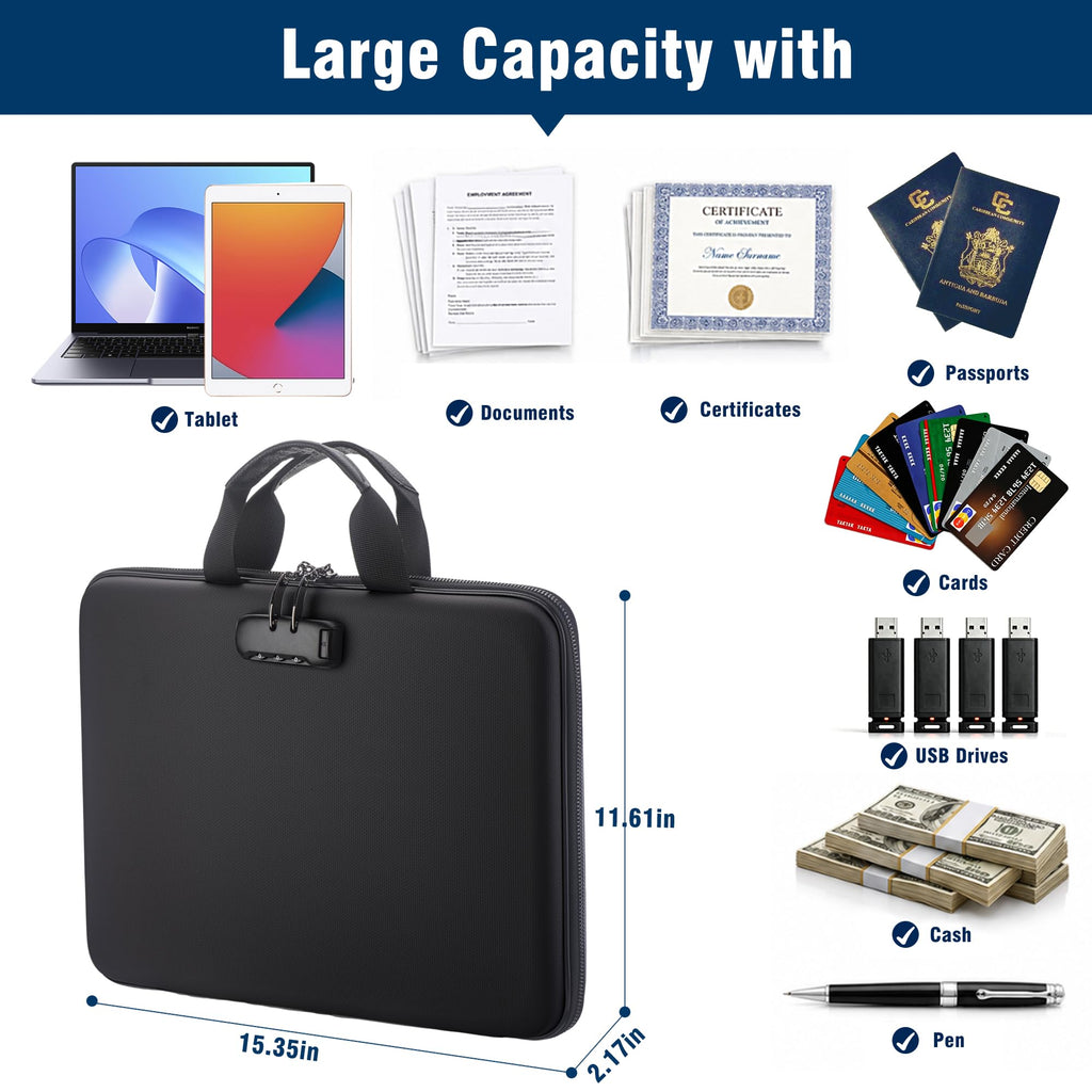 Fireproof Document Box with Lock, 13 Pocket Accordion File Folder