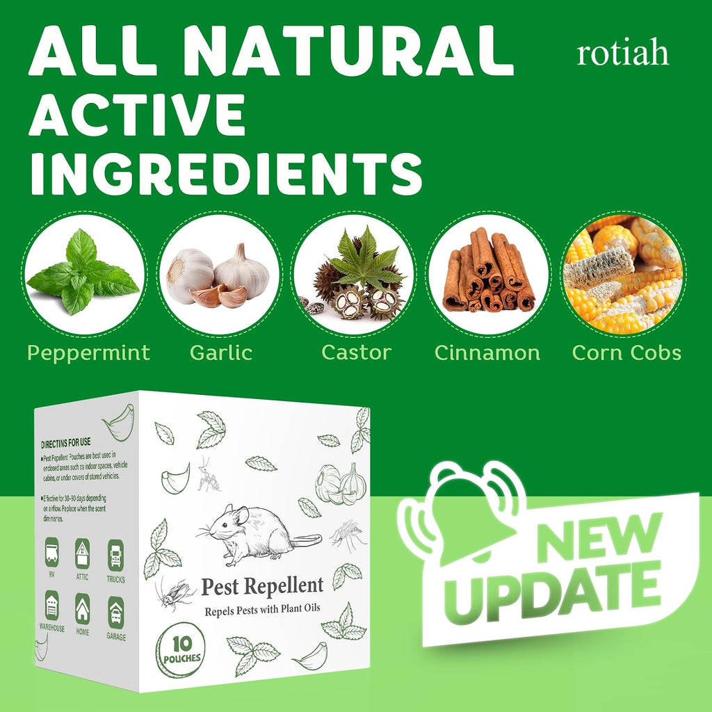Pest Rodent Repellent Pouches, Peppermint Oil for Mouse, Roach, Ant, Spider, Squirrel, Mice, Rats, Pest Control