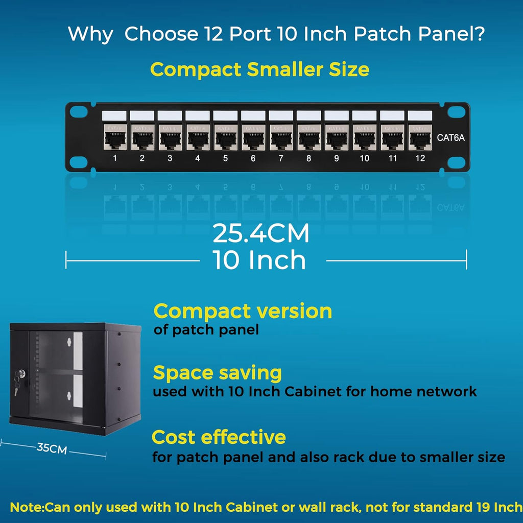 Mini 12 Port Cat6A Patch Panel with Inline Keystone 10G Support, Shielded 10-Inch with Removable Back Bar, 1U Network