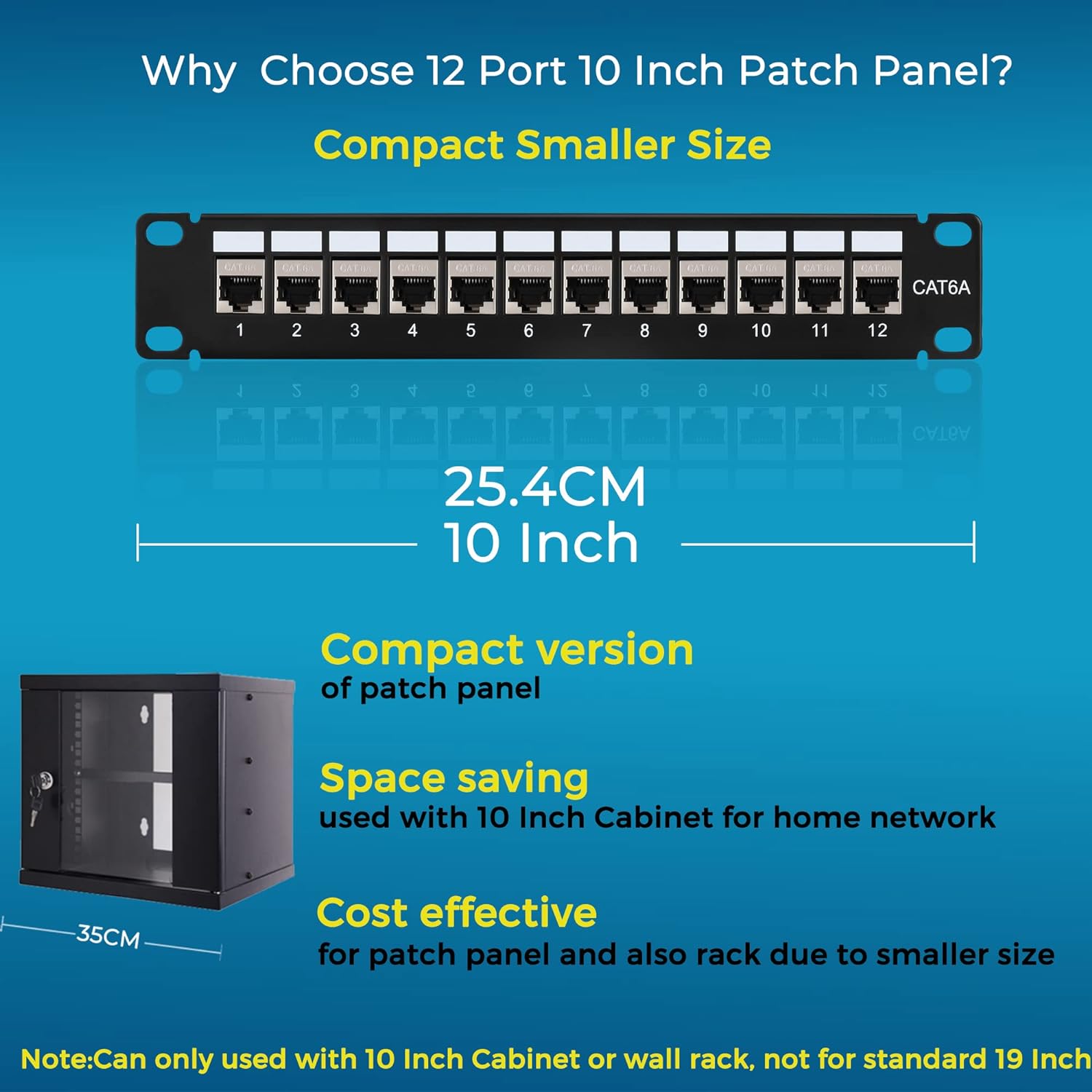 Mini 12 Port Cat6A Patch Panel with Inline Keystone 10G Support, Shielded 10-Inch with Removable Back Bar, 1U Network