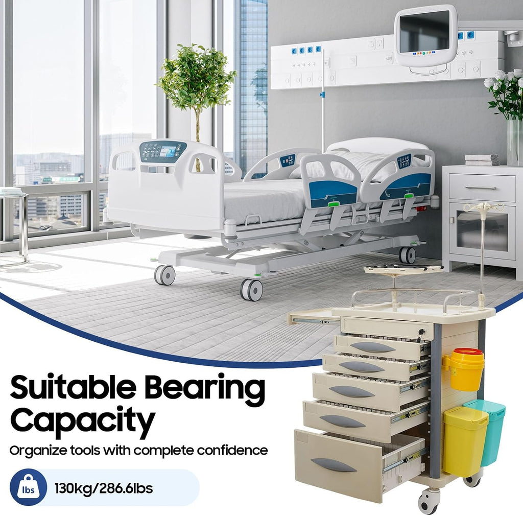 Medical Rolling Crash Cart with Accessories-CPR Board, 2 Trash Bin, Power Strip, Drawers with Dividers, Mobile