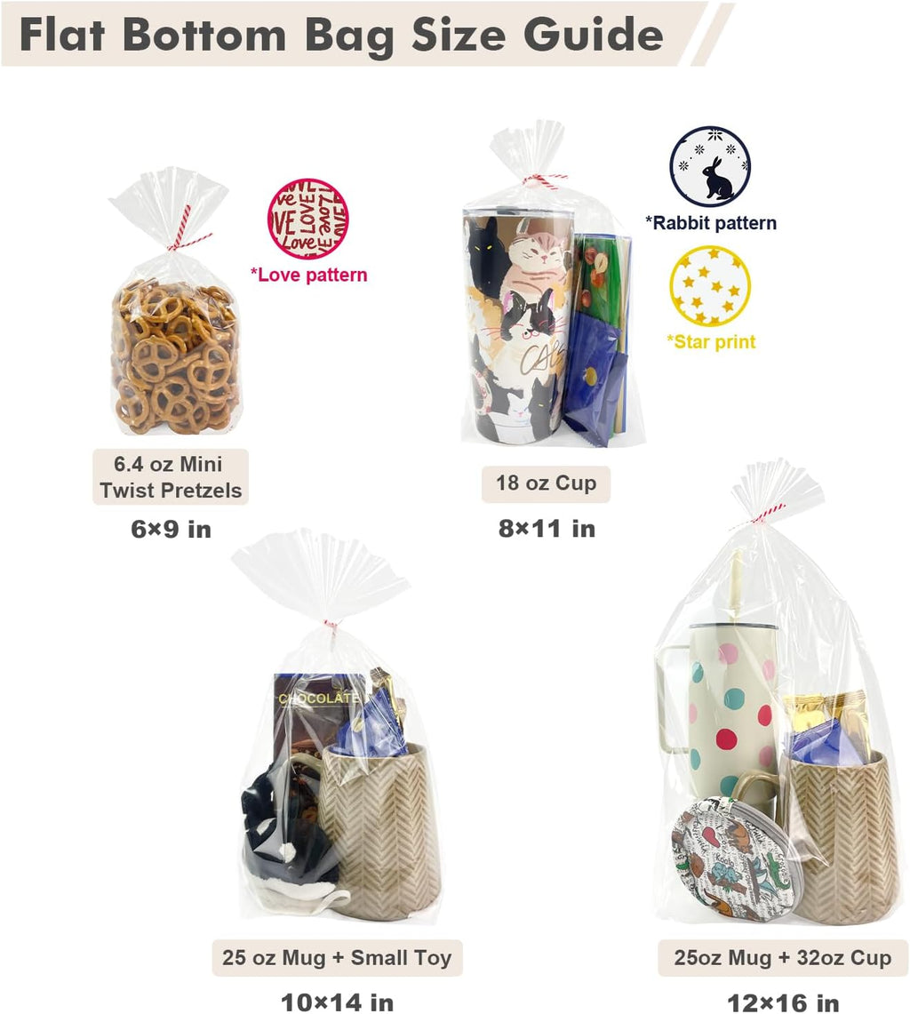 Clear 12x16Inches 50Pcs Twist Ties Flat Bottom Gusset Cellophane Bags Candy Party Favor Gift Mugs Treats Cookie