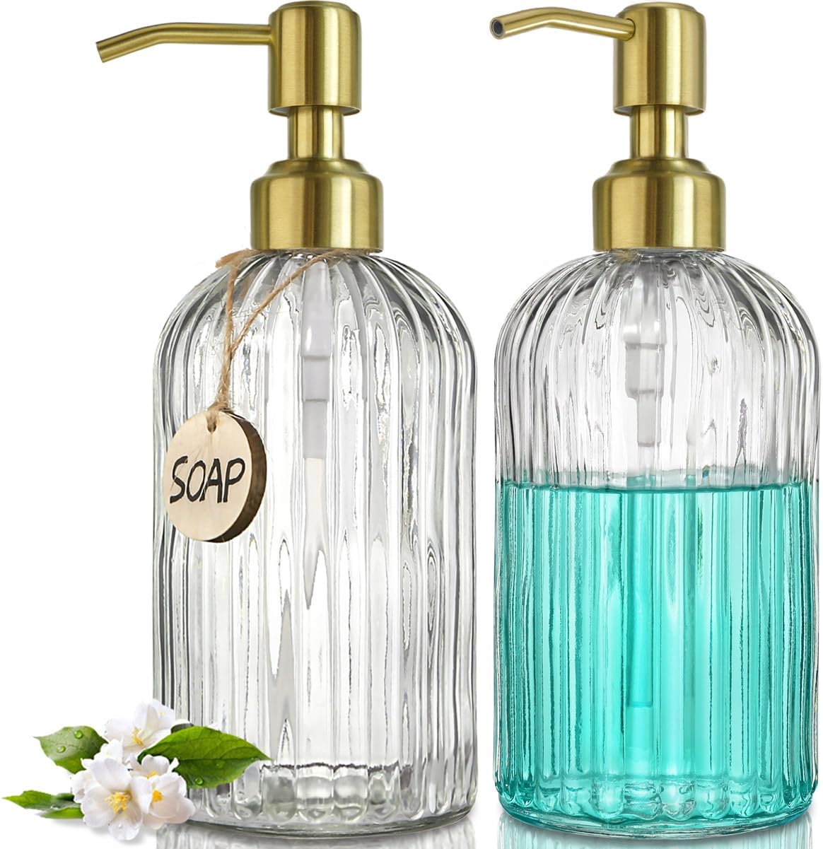 2PACK 18Oz Fluted Glass Soap Dispenser with Golden Rust Proof Pump | Refillable Kitchen Soap Dispenser with Vertical