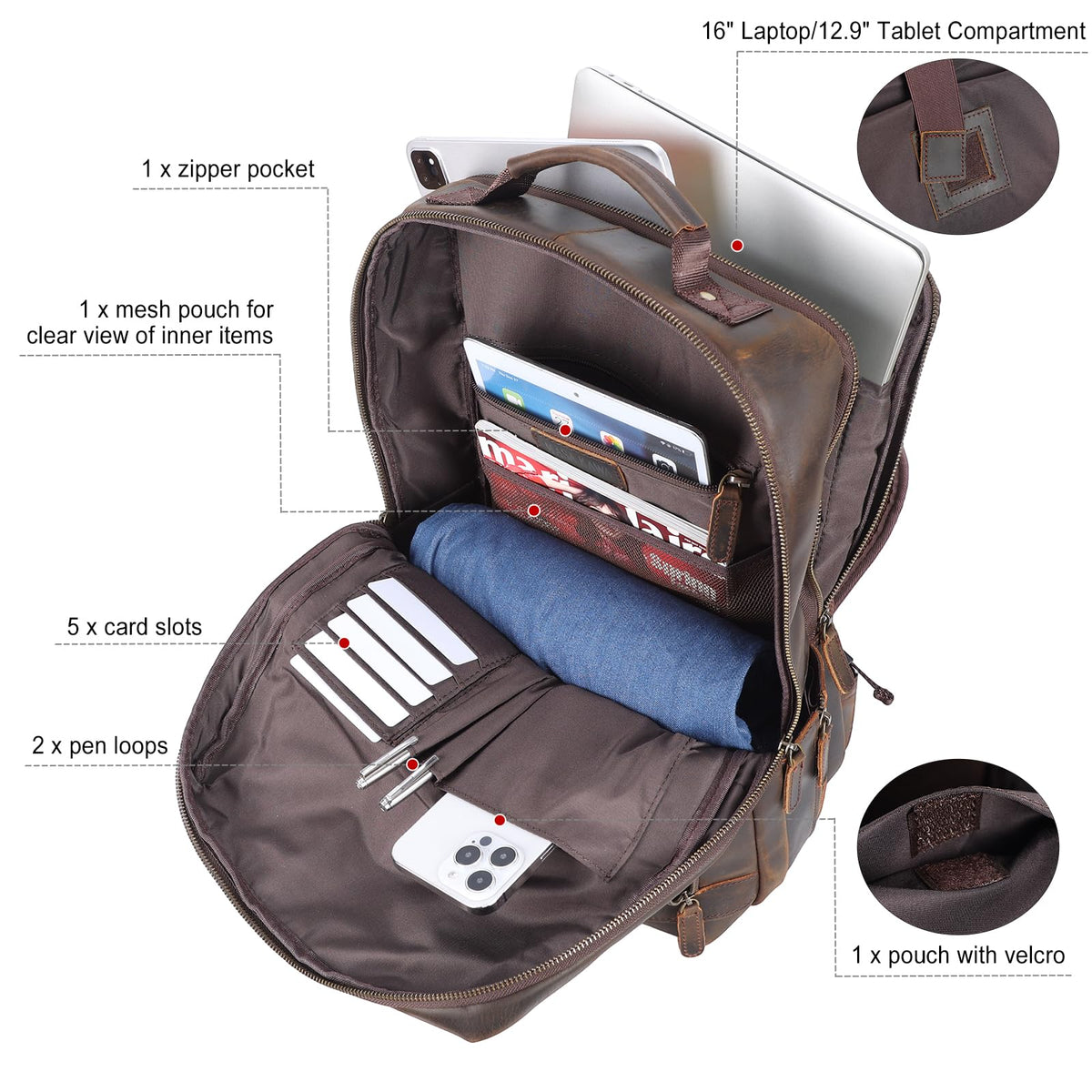 Brown Leather Laptop Backpack for Men 16 Inch Computer Work Bag