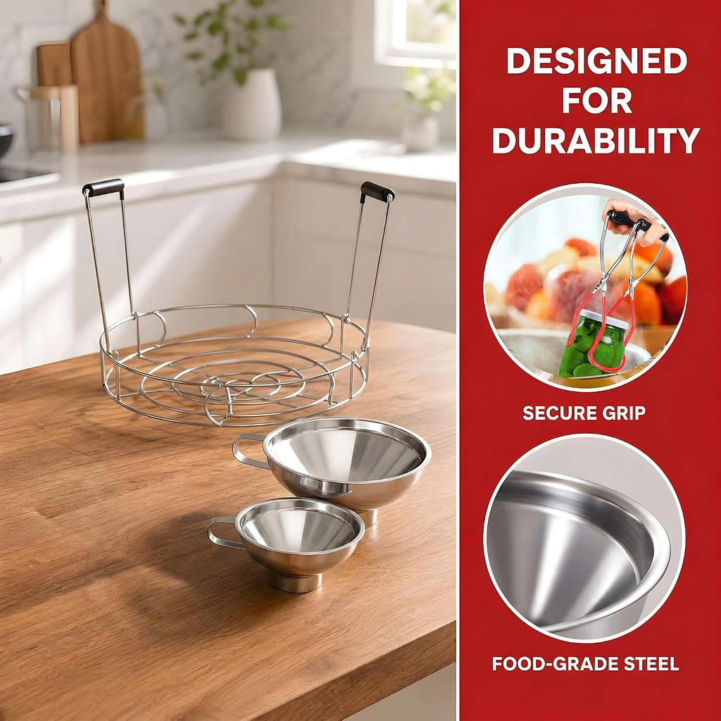 4 Pieces Canning Kit, 1PC Canning Rack+ 1PC Jar Lifter Tong+ 2PC Funnels, Stainless Steel Canning Supplies for Mason