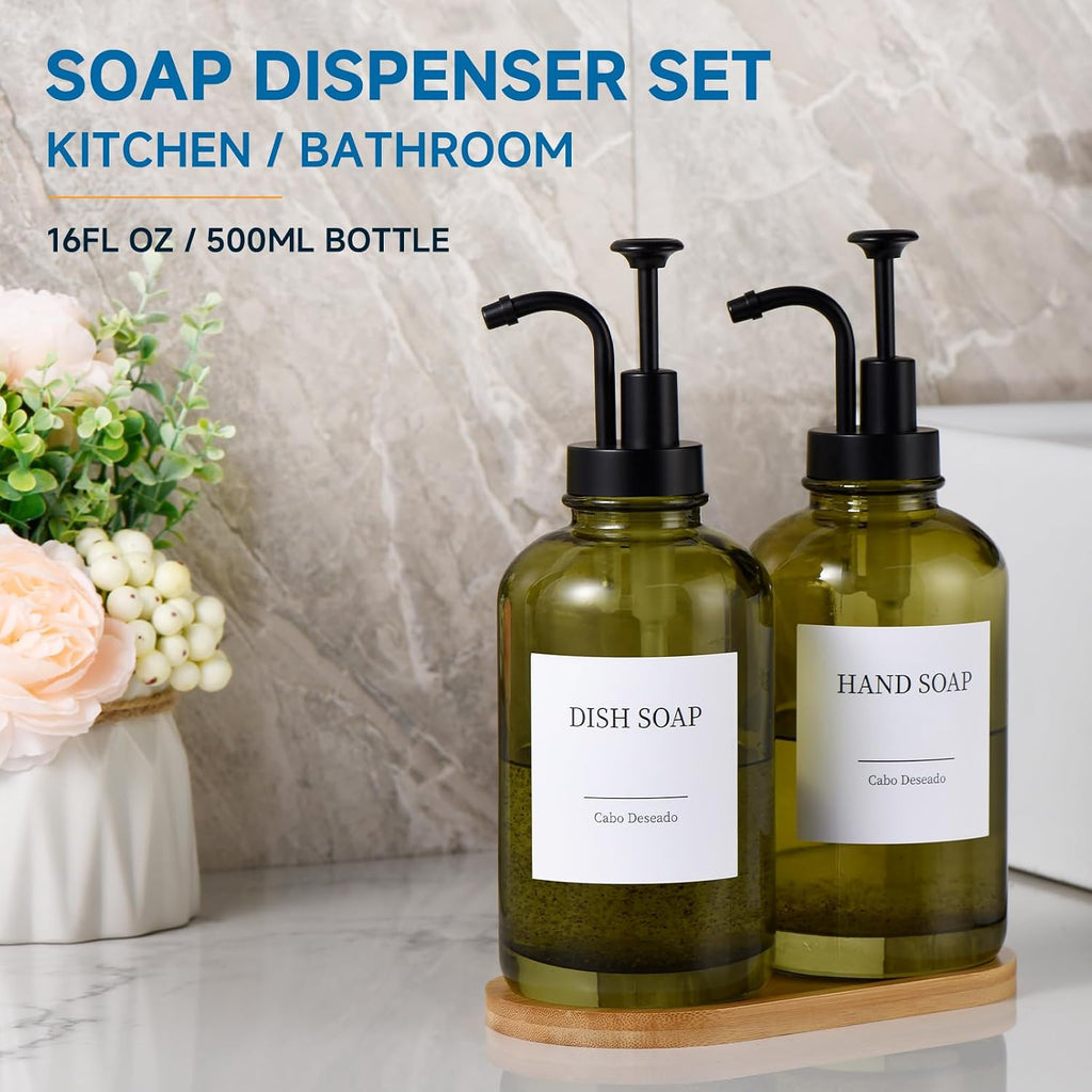 Glass Soap Dispenser with Pump, Dish and Hand Soap Dispenser for Kitchen Bathroom Set, Clear Glass Dispenser Set of 2