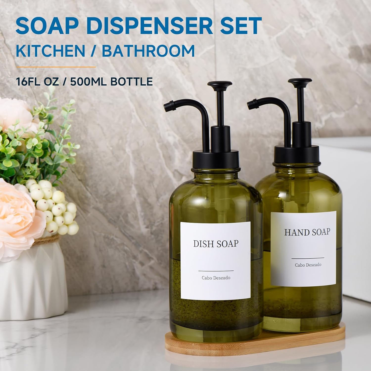 Glass Soap Dispenser with Pump, Dish and Hand Soap Dispenser for Kitchen Bathroom Set, Clear Glass Dispenser Set of 2