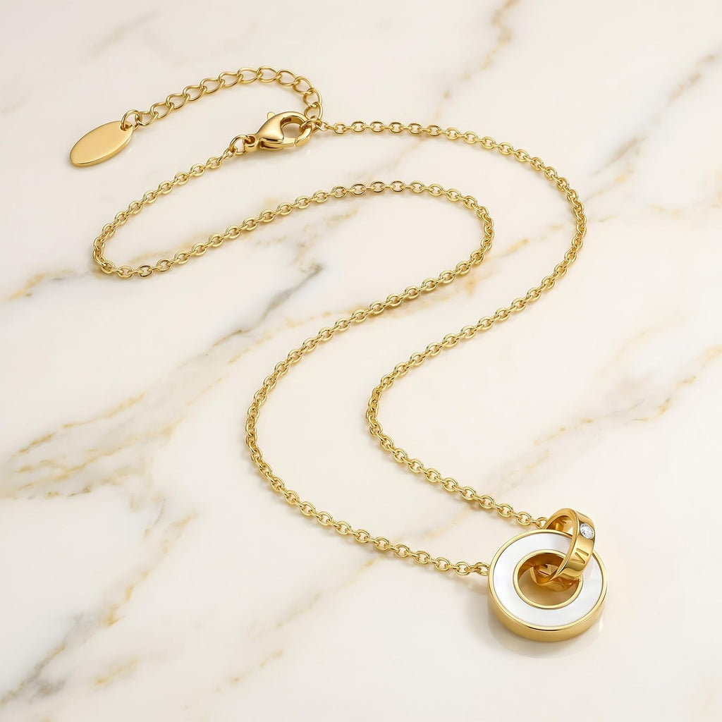Pendant Necklace For Women, 18K Gold-Plated Chain, with Enamel Circle