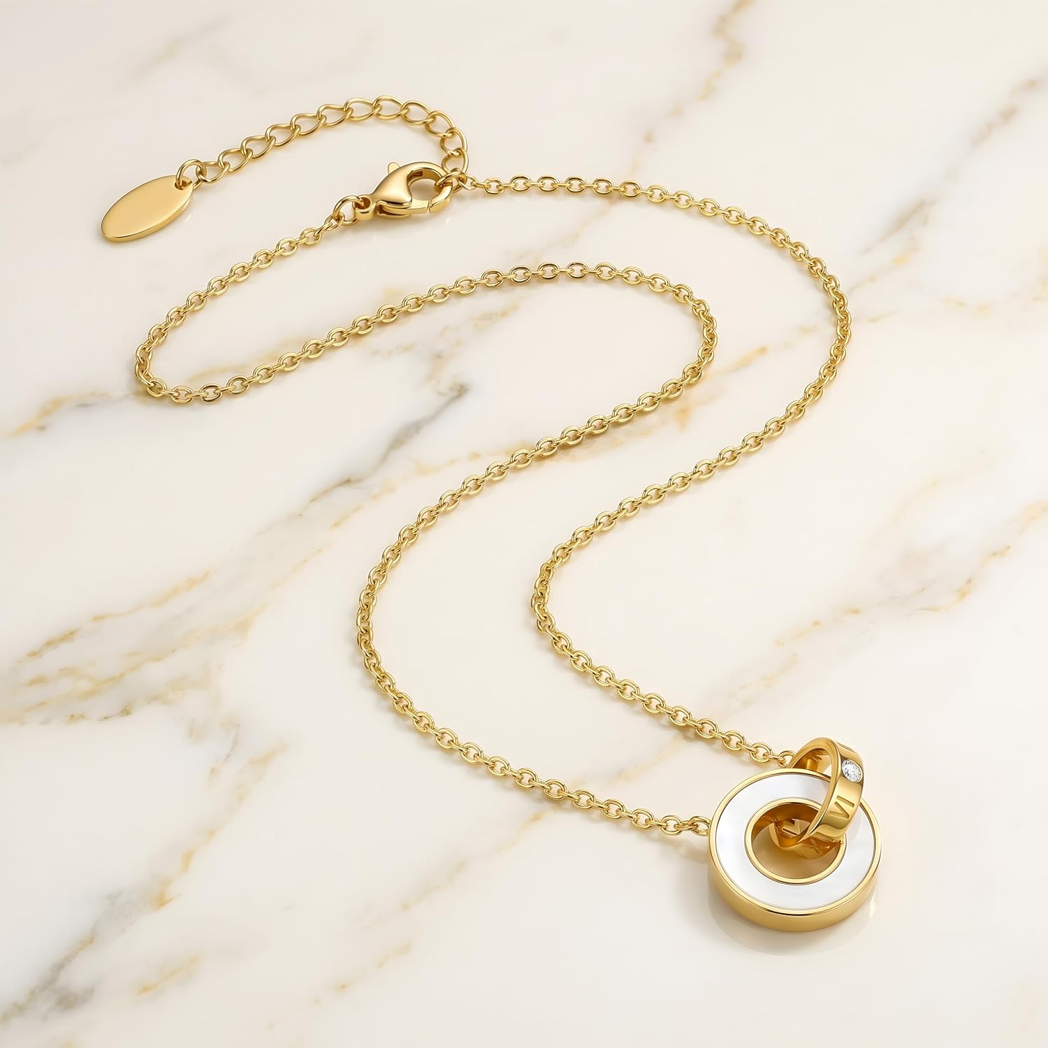 Pendant Necklace For Women, 18K Gold-Plated Chain, with Enamel Circle