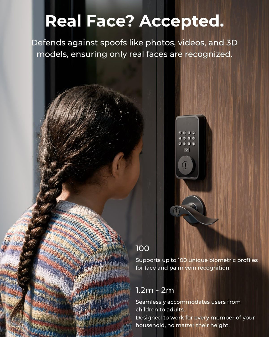 Smart Door Lock with Face & Palm Vein Recognition, Ultra-Wide Peephole Video Doorbell, Keep-Alive WiFi, Tuya App