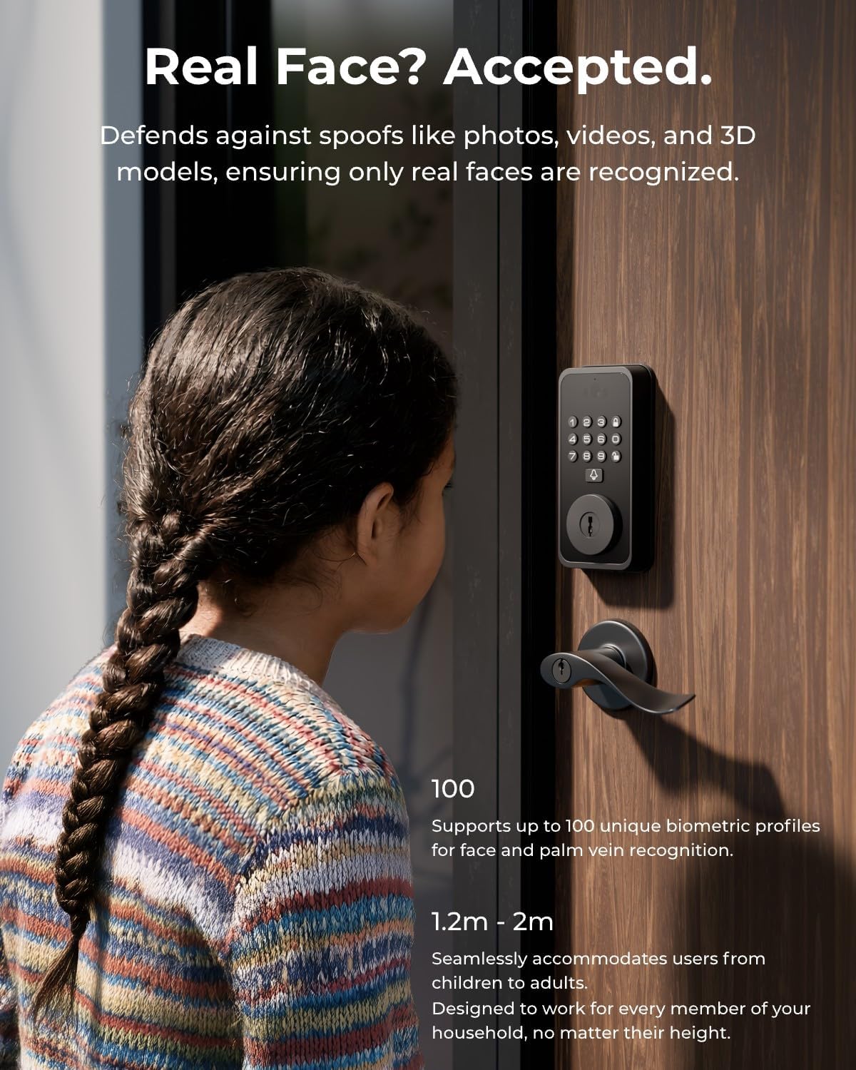 Smart Door Lock with Face & Palm Vein Recognition, Ultra-Wide Peephole Video Doorbell, Keep-Alive WiFi, Tuya App