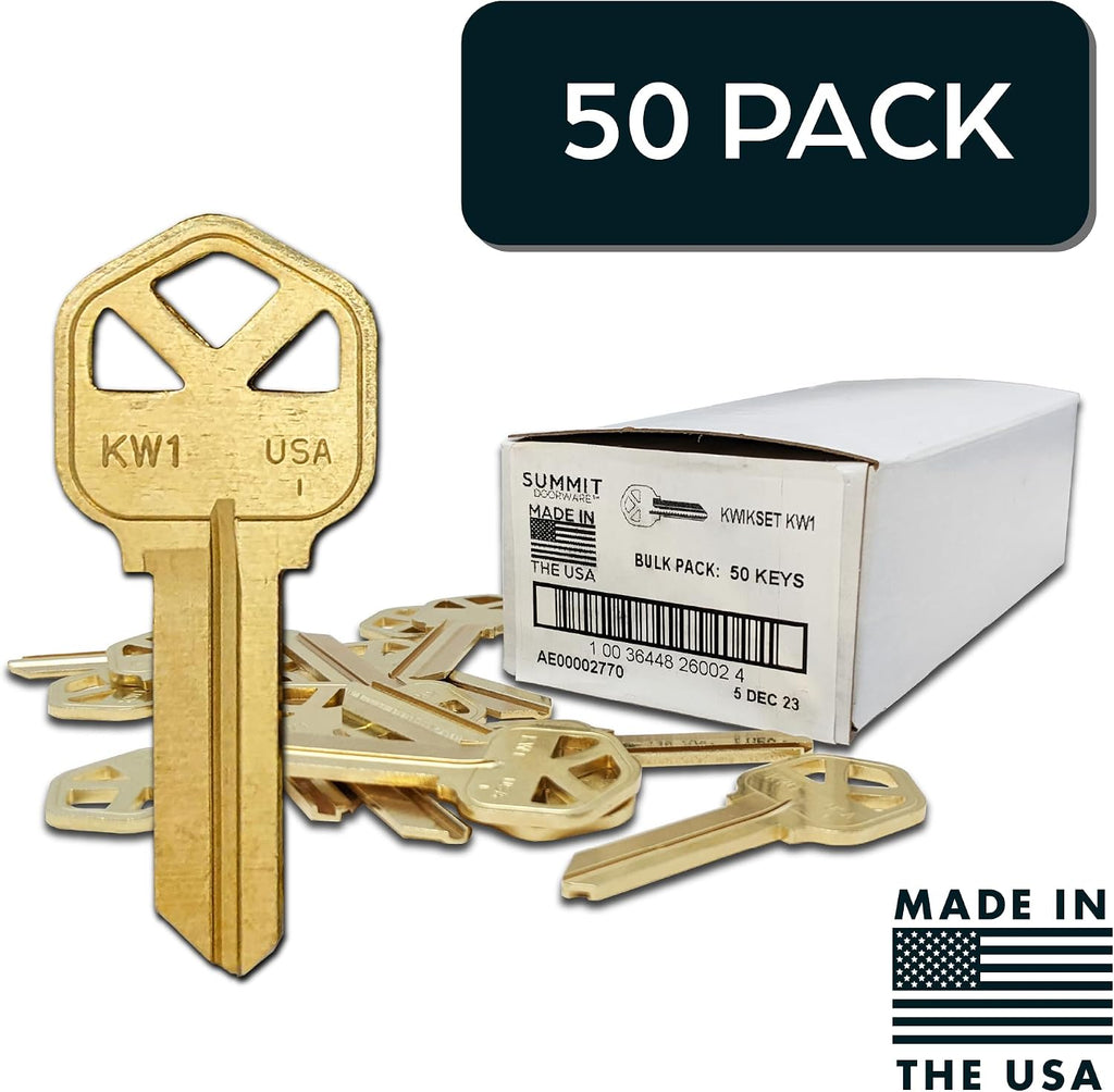 Kwikset Key Blanks in Premium Brass Quality | Kw1 Uncut Blank Keys for Home and Professional Use | Pack of 50 Keys