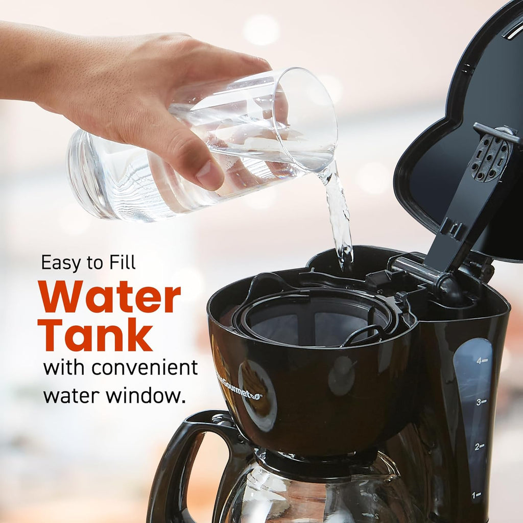 EHC4128 Automatic 4-Cup Drip Coffee Maker, Black | Glass carafe, Pause N Serve, reusable filter, On/Off switch, and