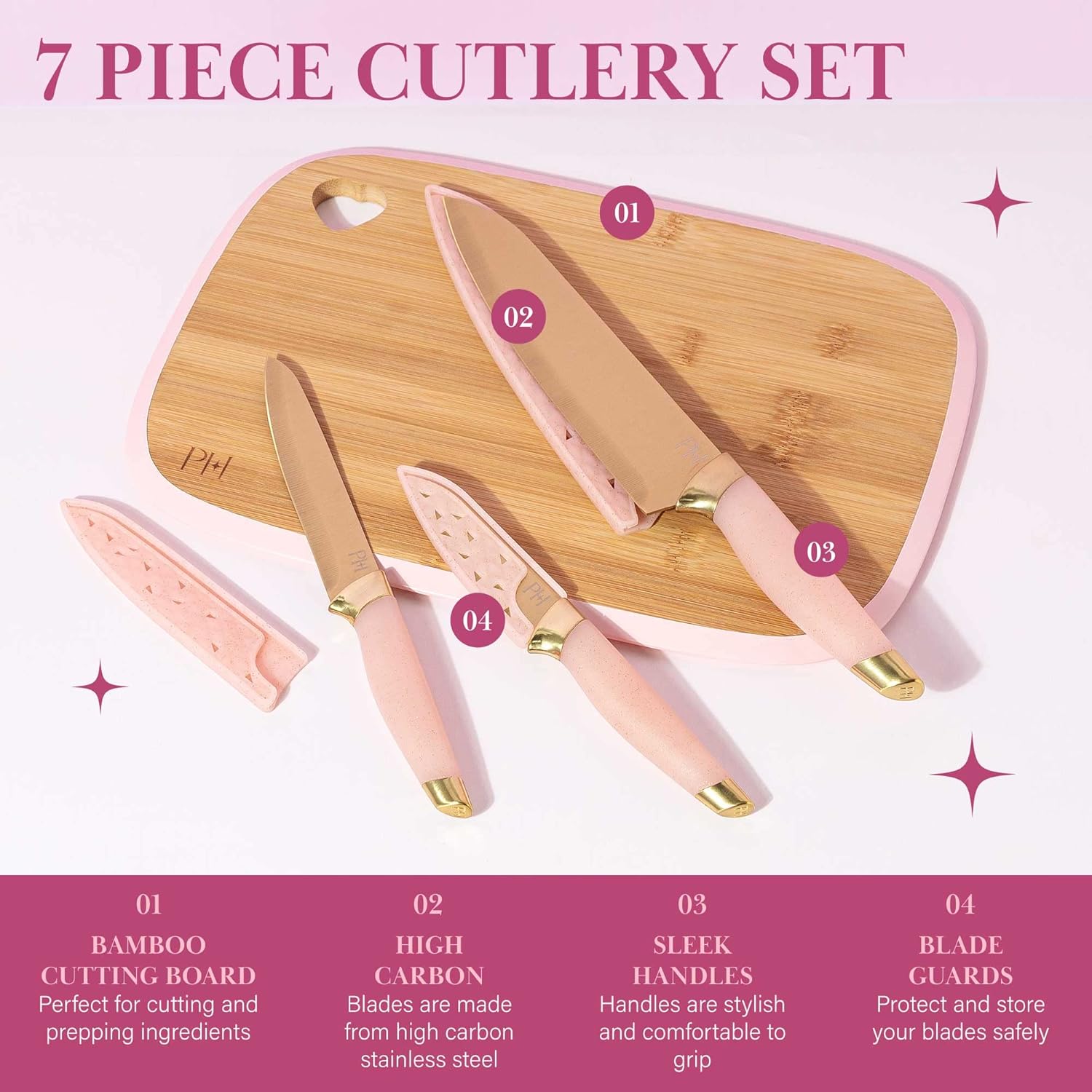 Bamboo Cutting Board for Kitchen, Reversible Cutting Board and Cutlery Set with High Carbon Stainless Steel Knives