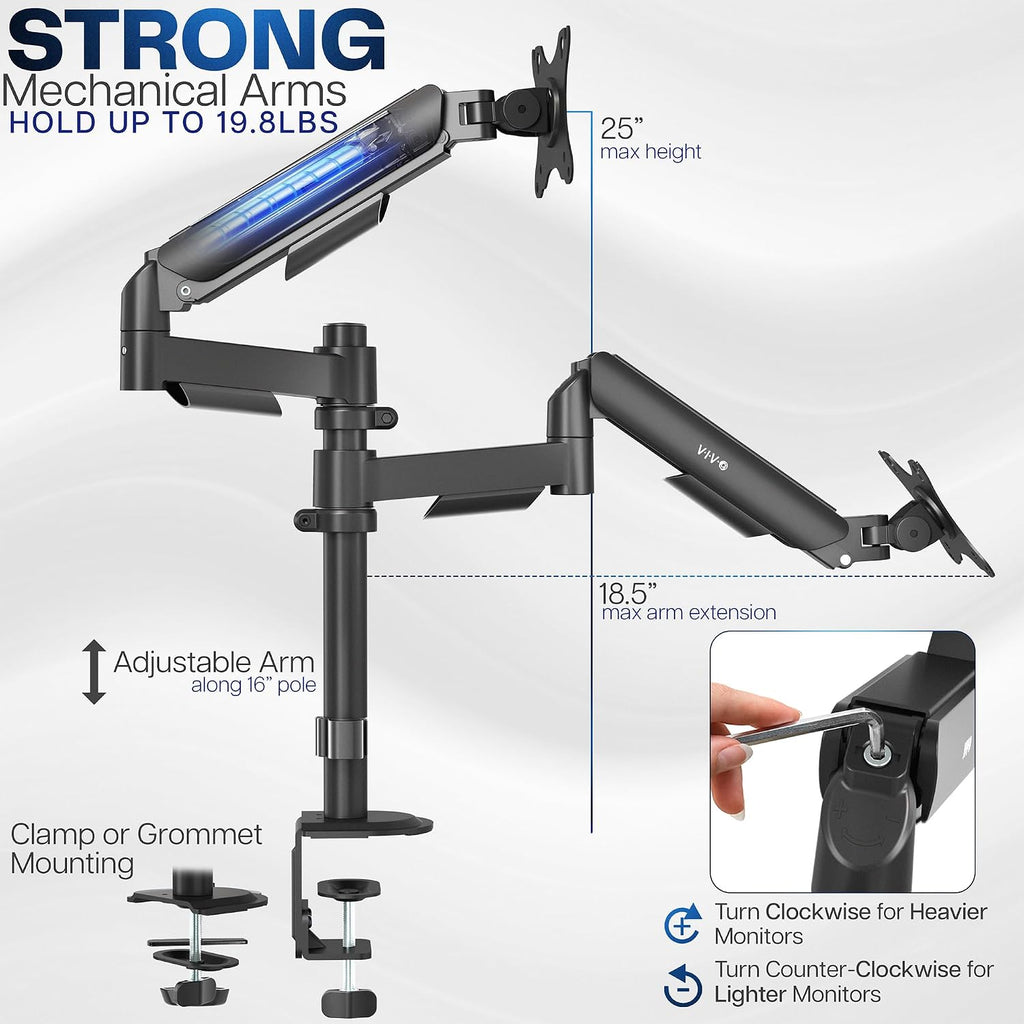 17 to 32 inch Dual Mechanical Monitor Mount, 2 Tension Spring Arms, Adjustable Swivel, Rotation, Heavy Duty VESA Desk