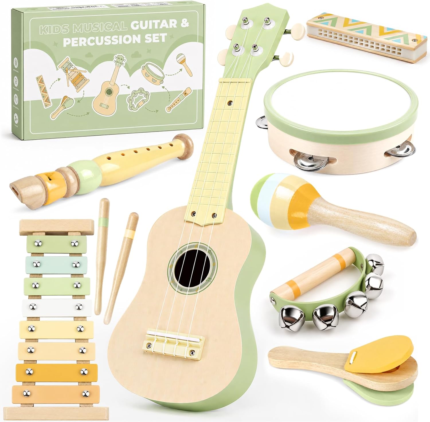 Kids Guitar Set - 8 in 1 Toddler Montessori Musical Instruments | Wooden Baby Ukulele Xylophone Tambourine Maracas