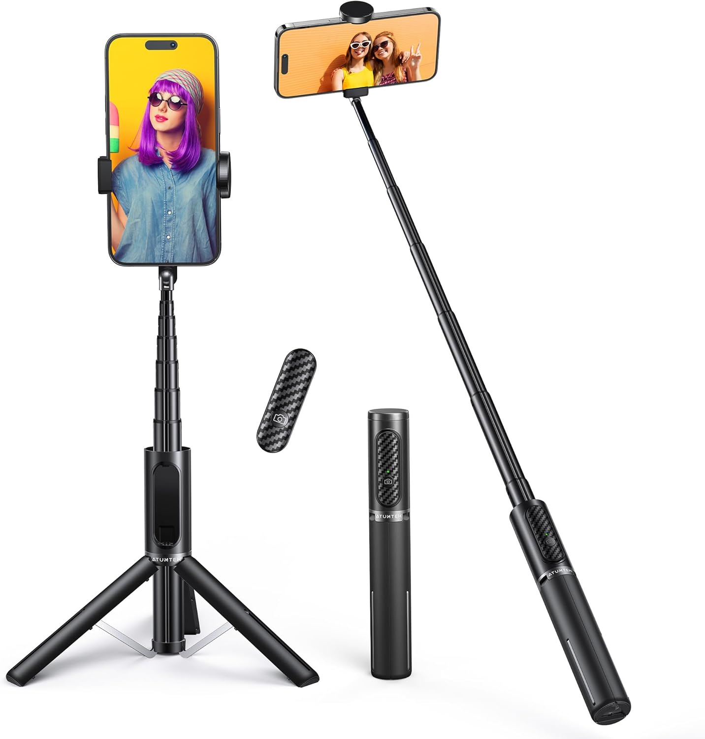 Selfie Stick Tripod, 3-in-1 Extendable Aluminum Phone Tripod with Detachable Bluetooth Remote, Compatible with iPhone