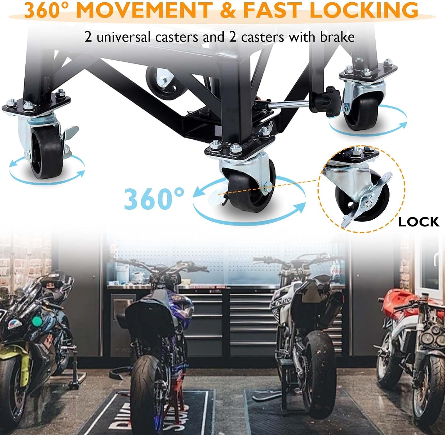 Hydraulic Motorcycle Lift Table, 350 lbs Capacity Scissor Jack Lift with Wide Deck, J-Hooks, 4 Wheels, Foot-Operated