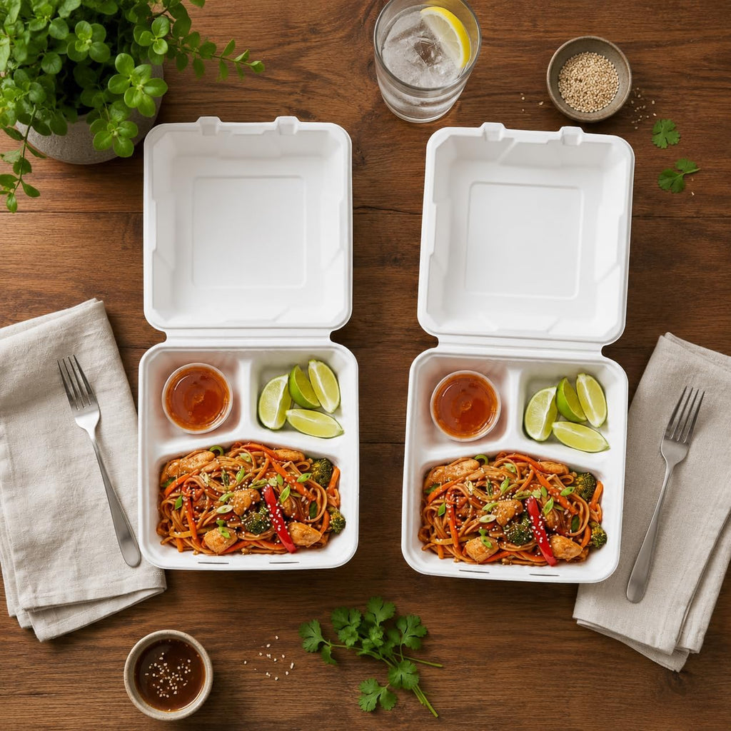 . 8x8'' Compostable 3-Compartment Takeout Containers,100 Pack, Eco-Friendly Biodegradable To Go Boxes, Heavy-Duty