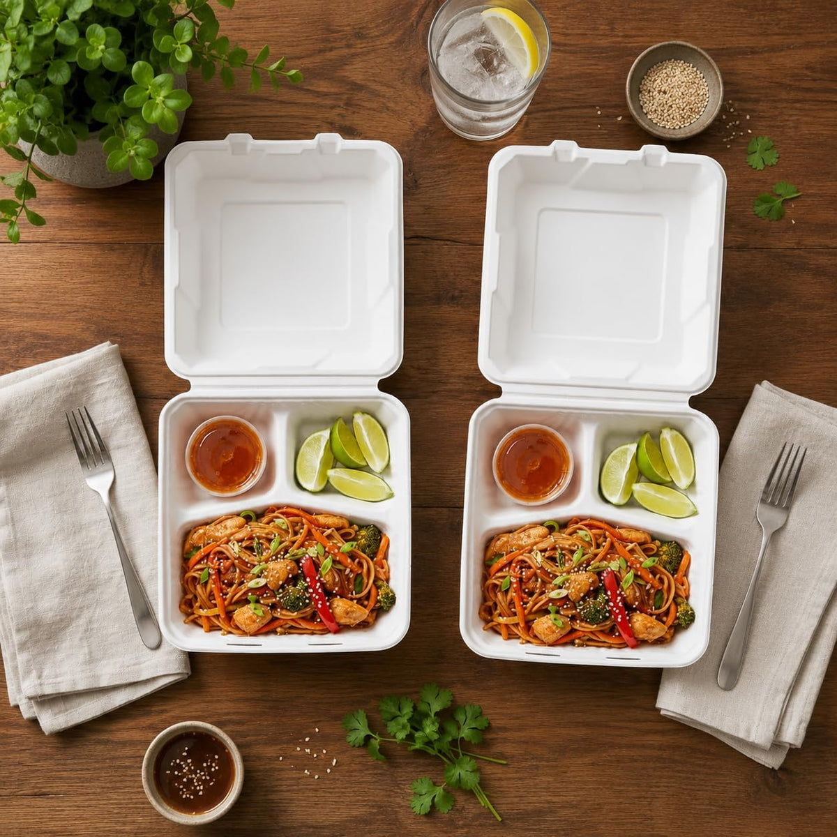 . 8x8'' Compostable 3-Compartment Takeout Containers,100 Pack, Eco-Friendly Biodegradable To Go Boxes, Heavy-Duty