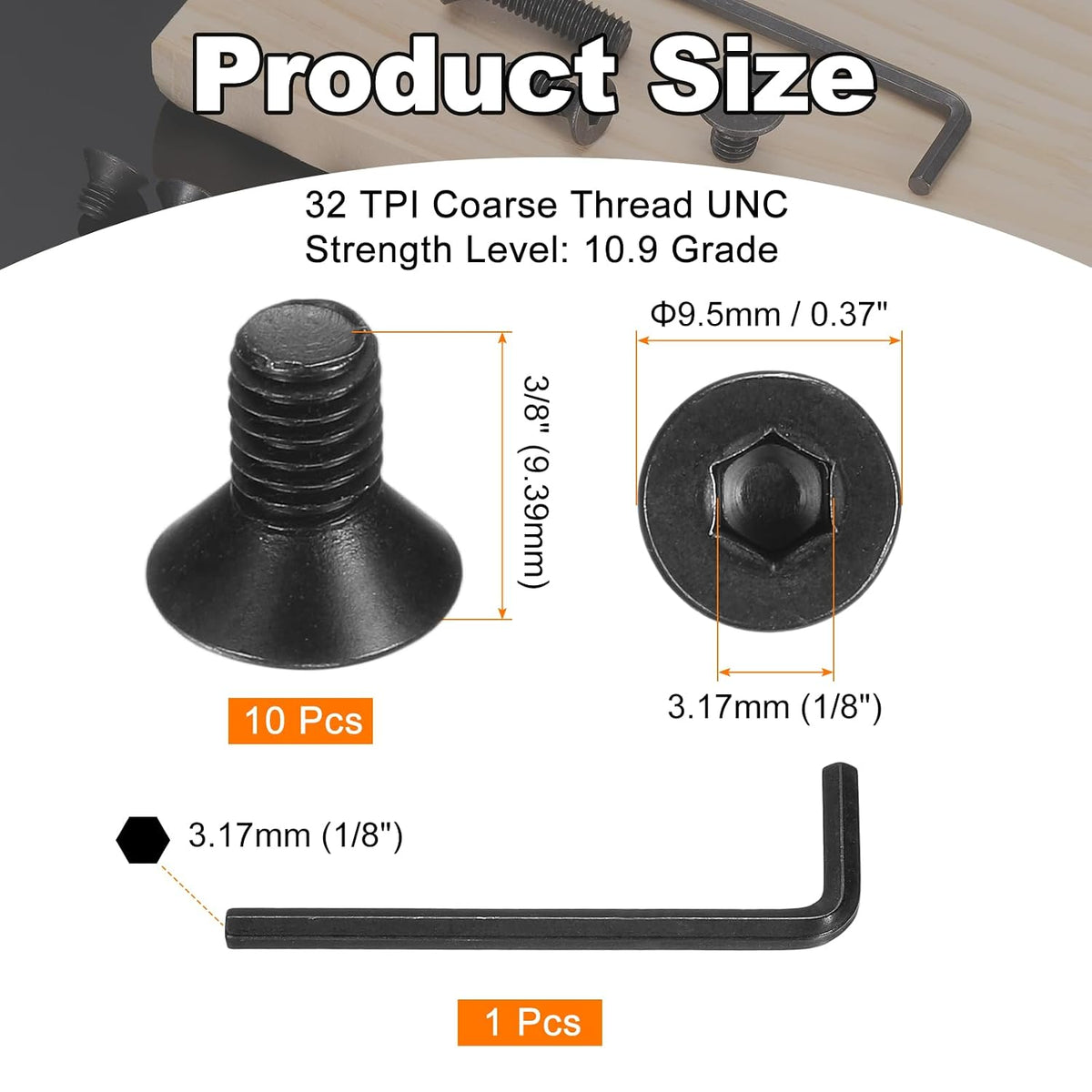 PATIKIL #10-32 x 3/8 Inch Flat Head Socket Cap Screws, 10 Pcs Flat Countersunk Bolts Hex Socket Drive Machine Screws Full Thread Coarse Thread UNC with Hex Spanner Black Oxide Grade 10.9