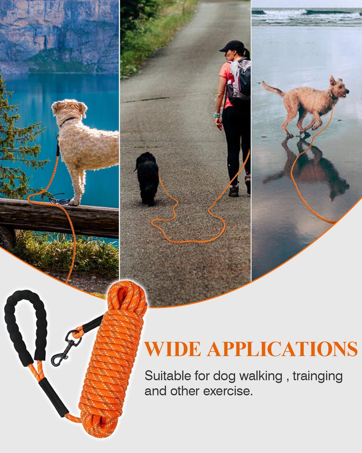 Long Dog Leash, 15FT 30FT 50FT 66FT, Training and Recall Leash with Comfortable Padded Handle for Large Medium Small