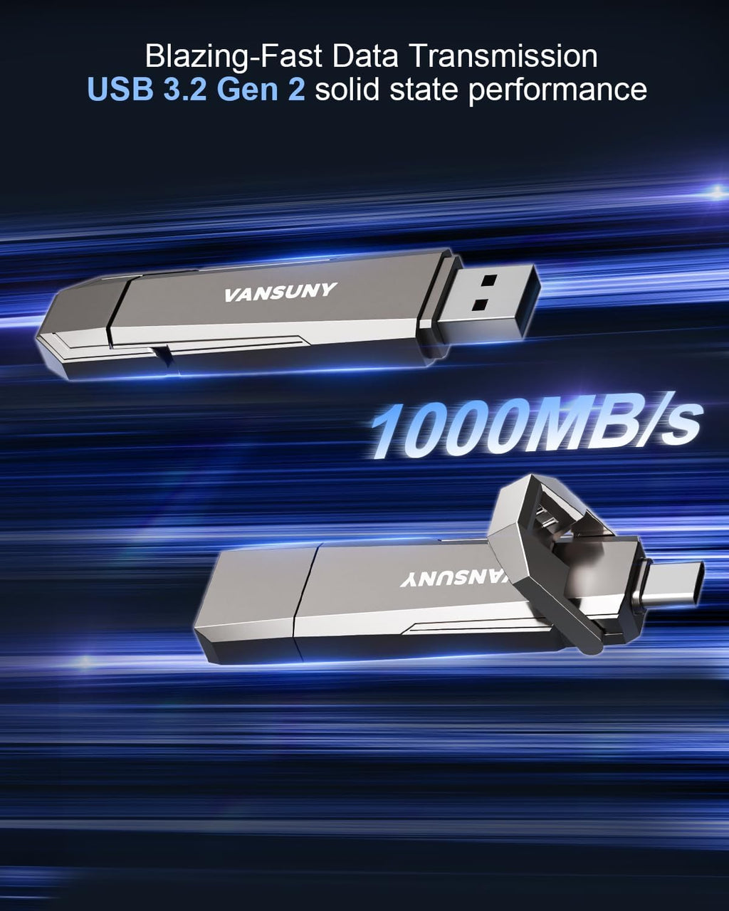 256GB USB Solid State Drive Up to 1000MB/s USB 3.2 Gen 2 Dual SSD USB A + Type C Portable External SSD for Android