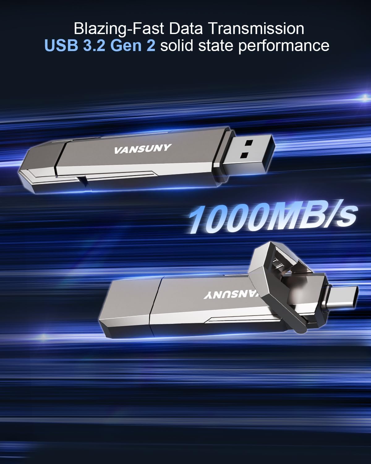 256GB USB Solid State Drive Up to 1000MB/s USB 3.2 Gen 2 Dual SSD USB A + Type C Portable External SSD for Android