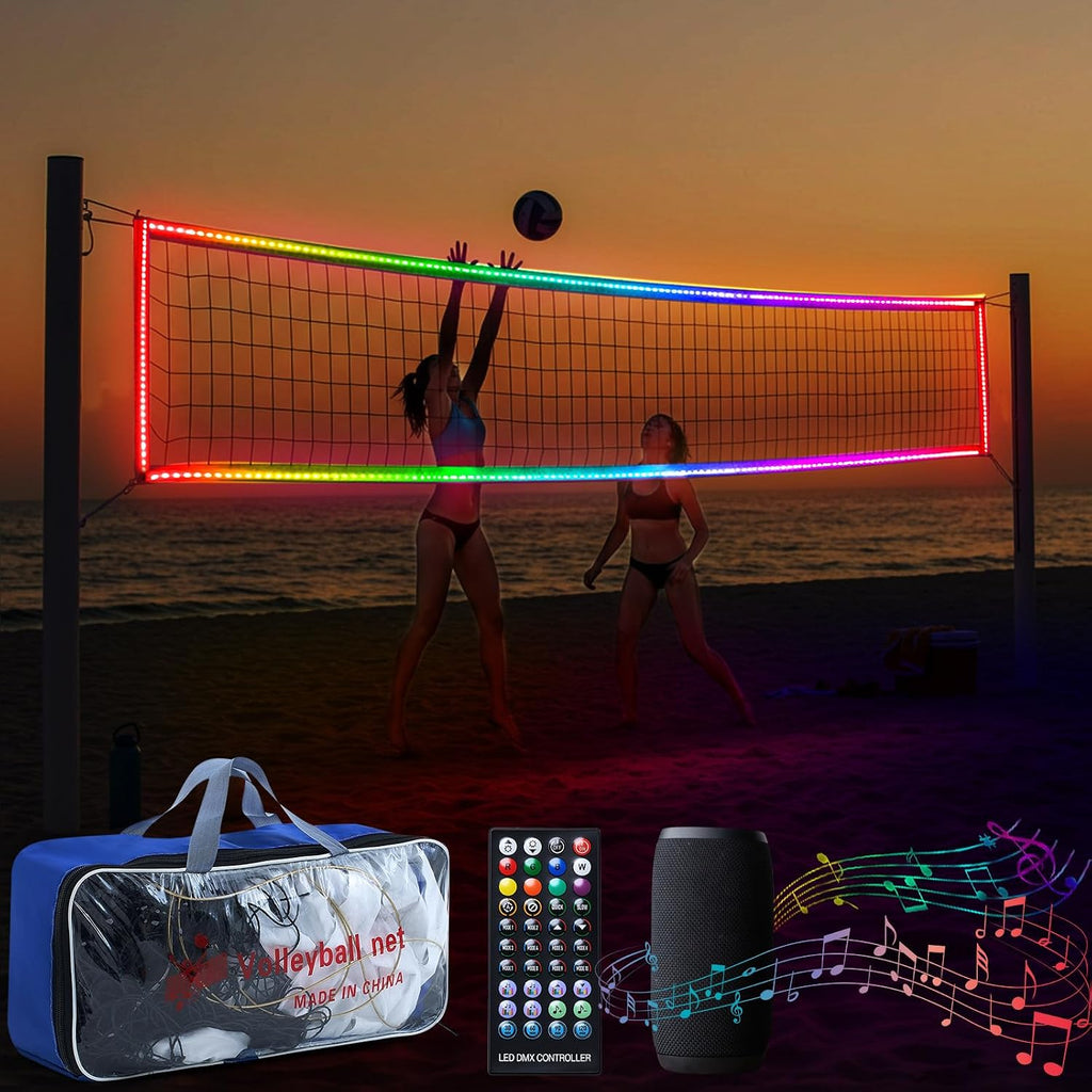 LED Professional Volleyball Net Remote Music 31.2x3.3ft Beach Backyard Pool | Portable Light up Volleyball Net