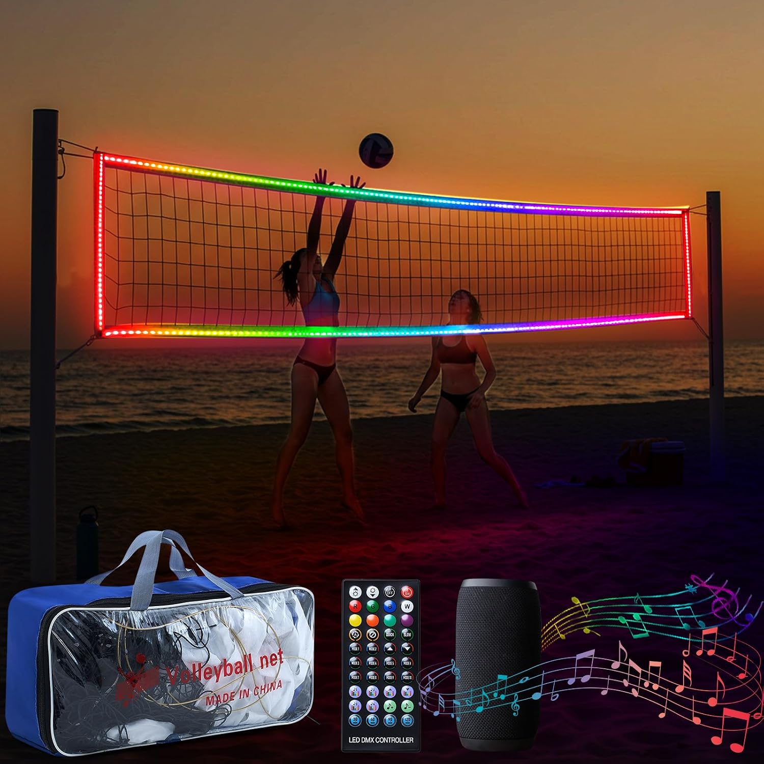 LED Professional Volleyball Net Remote Music 31.2x3.3ft Beach Backyard Pool | Portable Light up Volleyball Net