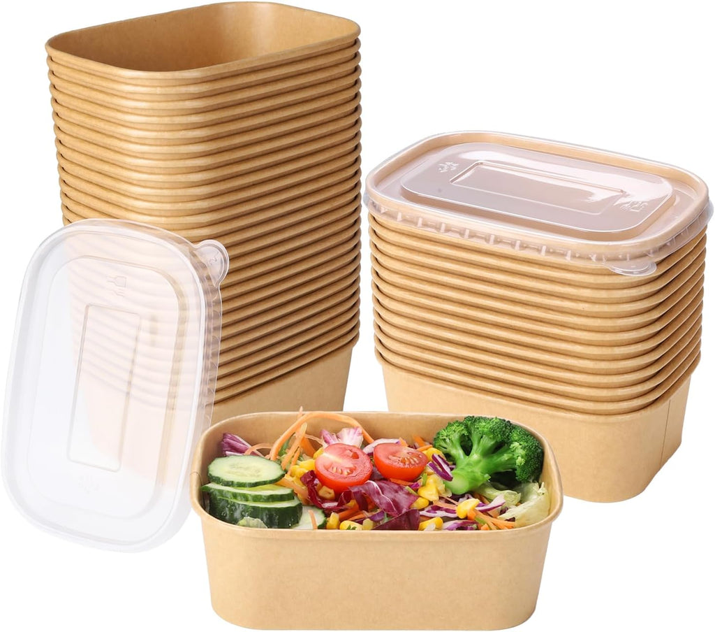 50 Sets 25oz Disposable Kraft Paper Bowls with Lids, Rectangle