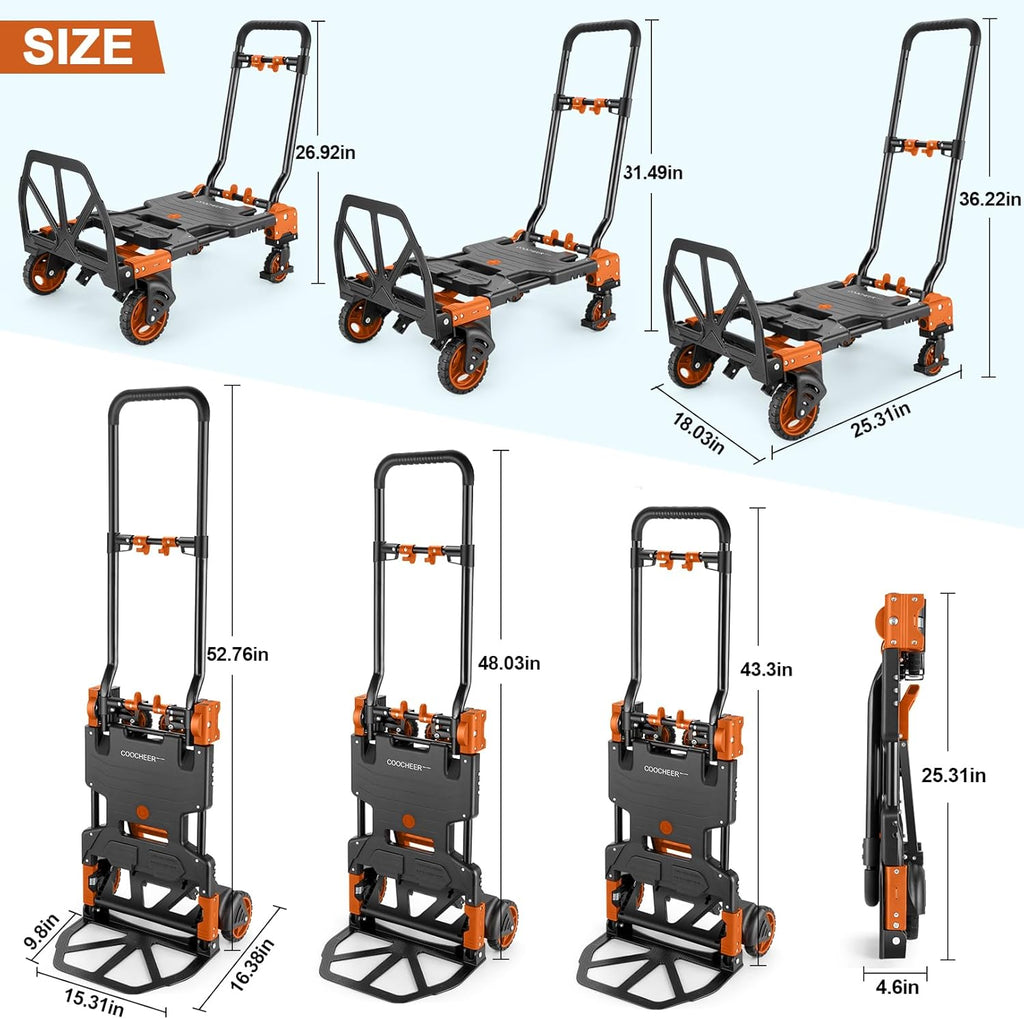 Folding Hand Truck Dolly, 330lb Convertible 4 to 2 Wheel Moving Cart,Orange | Dolly Cart with Retractable, Aluminum