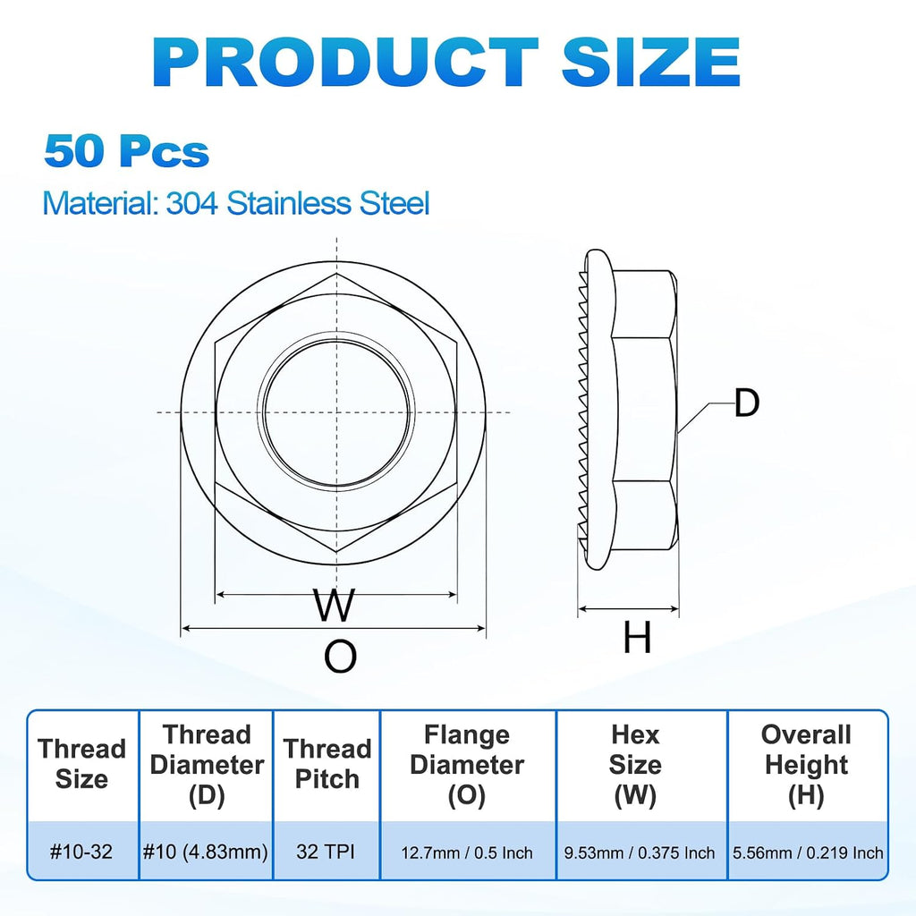 50Pcs Serrated Flange Hex Nuts-#10-32-UNF 304 SS